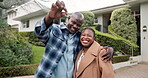 Keys, smile and black couple with new home, face and pride for property investment and milestone. Laugh, real estate and happy portrait for bond approval, dream house and hug outdoor in backyard