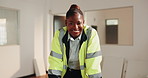 Construction, face or black woman on site with smile, contractor or about us in building profession. Industrial, pride or architect with portrait, confidence and developer in engineering industry.