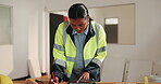 Woman, tablet and check blueprint at construction site, inspection or renovation assessment. Contractor, technology and online checklist for remodeling, floor plan and notes for property development