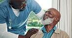 Senior care, caregiver and support for old man in nursing home, comfort and discussion with patient. Assisted living, nurse and happy with elderly black person, conversation and empathy for pensioner