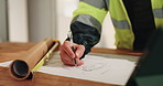 Hands, engineer and writing on blueprint for construction, illustration and sketch for architecture. Person, drawing or draft at site with document, floor plan and property layout for building design