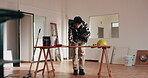 Contractor, tablet and check blueprint with writing, inspection or renovation assessment at job site. Man, technology and online checklist for remodeling, floor plan and notes for construction.