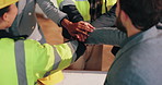 Engineer, team and stack hands for success, clapping or celebration for construction goal. Happy people, architect or together at building site, applause or support for development with collaboration