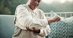 Black woman, discomfort and retirement with elbow pain, inflammation and symptoms for arthritis. Senior person, stretching and injury at house with muscle burnout, rheumatic disease and osteoporosis