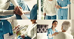 Caregiver, helping and old woman at house for medical, assistance and comfort patient with series. Hands, nurse and senior person with disability, compassion and tablet with montage for physiotherapy
