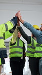 Smile, engineer and team with high five for construction, agreement and victory for architecture. Happy, people and huddle with applause, inspection success and collaboration for building achievement
