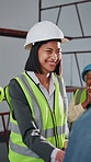 Woman, engineer and shaking hands at site with applause, welcome and onboarding for construction. Smile, people and handshake with contractor, partnership and recruitment for architecture completion