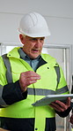 Construction, team and man with tablet for talking, development progress or project coordination. Tech, mature person and collaboration with engineer at site, building evaluation or planning review