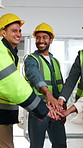 Smile, architect and hand stack for construction, agreement and teamwork for architecture. Happy, people or huddle at site with applause, inspection success and collaboration for building achievement