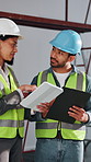 Construction, team or people with tablet for planning, development checklist or project coordination. Tech, talk or collaboration with engineer at site, writing notes or building review on clipboard