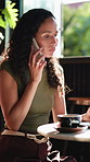 Phone call, laptop and woman in cafe for remote work, ad feedback and brand sponsorship negotiation. Computer, freelancer and person talk to contact, campaign request and social media marketing