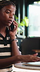 Phone call, freelancer and woman with laptop in cafe, ad feedback or sponsorship negotiation. Computer, remote work and happy black person talk to contact, campaign request and social media marketing