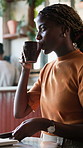 Woman, thinking and remote work in cafe with coffee break, vision and inspiration for creative job. Freelancer, person and relax in restaurant with beverage, reflection and perspective for career.