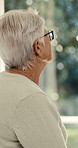 Thinking, memory and back with old woman in home for reflection, retirement and Alzheimers. Sad, mental health and mindfulness with elderly person in senior care for loneliness, grief and dementia