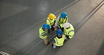 Architect, team and hand stack for celebration, applause and happy for success on construction site. Civil engineering, achievement and clapping with people, space and collaboration for renovation