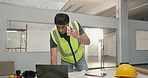 Phone call, man and construction worker on site with communication for feedback on renovation. Cellphone, laptop and civil engineer on mobile discussion for review on building, repairs or maintenance