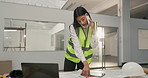 Phone call, woman and construction worker on site with communication for feedback on renovation. Cellphone, paperwork and civil engineer on mobile discussion for review on building or maintenance.