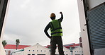 Engineer, man or fist pump for success, building target or property development completion. Architect, back or person celebrate outdoor at construction site, real estate progress or space achievement
