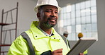 Architect, man or thinking with tablet at construction site, building progress or design evaluation. Tech, mature person or project manager with smile, development solution or architecture inspection