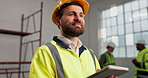 Contractor, man or thinking with tablet at construction site, building progress or design evaluation. Tech, happy person or civil engineering with review, development planning or  inspection report