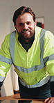 Face, engineer and man at site for construction, building maintenance or happy with development. Contractor, portrait and confident person, smile and renovation professional with quality control