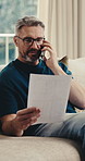 Man, phone call and document at house for finance, statement and contact bank for billing issue. Mature person, mobile app and discussion in home with paperwork, account charges and financial advice