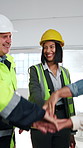 Happy, engineer and hand stack for construction, agreement and teamwork for architecture. Smile, people and huddle at site with applause, inspection success and collaboration for building achievement