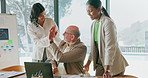 People, clap and high five in office with laptop, carbon footprint data or success for CSR milestone. Happy team, manager and applause with computer, celebration and stats for sustainable business.