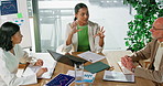 Team, meeting and discussion in office for sustainable business, plan or data for circular economy. High angle, people or expert with strategy for go green project, CSR or stats for carbon emissions.