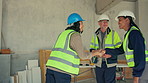 Handshake, construction and meeting with people on site for building inspection, renovation or tablet. Remodeling brief, architecture team or shaking hands with contractor for property development