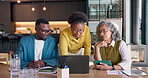 Business, team and meeting with laptop for campaign review, SEO stats and brand performance. Marketing manager, people and tech at agency to track user behavior, website traffic or project management