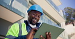 Architect, laughing and black man with tablet in city for communication or outdoor network service. Male person, contractor or civil engineer with smile on technology for humor, comedy or connection