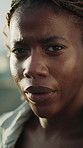 Face, black woman and sweating in city for fitness, endurance and cardio for health with rest. Break, pause and recovery with breathing outdoor, athlete or runner with intense workout for wellness