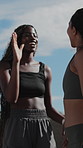 Friends, runner and women in city with high five for fitness goals, exercise and celebrate sports. Happy, athlete and people with running achievement, endurance or training with smart watch for stats