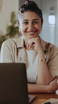 Face, woman and laptop at house for remote work, research and confirm facts for story submission. Portrait, smile and freelancer in home with pc, editing grammar and latest update of article coverage