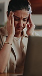 Woman, headache and remote work in house with laptop, job stress and wrong prescription for glasses. Tired, person and spectacles with blurry vision, migraine and computer for freelance project.