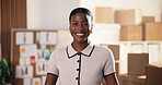 Face, happy and woman at startup for ecommerce, entrepreneur and supply chain for clothing launch. Portrait, African person and fashion designer in office with smile, online shop and textile delivery