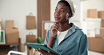 Happy woman, thinking and logistics with tablet in small business, research and online sales on web. Startup, entrepreneur and black person with tech, ecommerce and inventory for order fulfillment