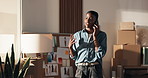 Woman, fashion or phone call for shipping, small business discussion or order planning for delivery. Tech, designer or black person talk in logistics startup office, ecommerce or fabric sourcing