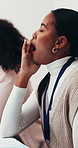 Tired, woman and meeting with yawn in conference for boredom, fatigue or insomnia in workshop. Exhausted, female person or lazy day with team in seminar for business presentation or burnout in office