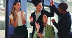 Success, laptop and business women with high five for feedback, good news and project approval. Teamwork, creative and people celebrate for digital marketing, brand campaign and advertising deal