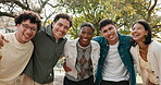 Face, friends and group with happiness outdoor, students on campus and together with huddle. Laughing, people and portrait at university with diversity, unity or support with solidarity hug at school