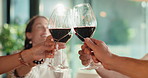 Celebration, hands and cheers with wine glass in home for get together, dining or social gathering. People, happy group or friends with toast or alcohol for drinking event or holiday dinner in house