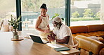 Senior, couple and laptop with talking for budget, retirement planning and review finances for bills. People, track online expenses and monitor annuity account for asset management with drink at home