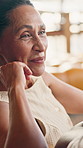 Happy, talking and mature woman on sofa for connection, relationship and trust in marriage. Home, relax and people in conversation, speaking and chat for love, bonding and commitment on weekend