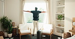 Hotel, arrive and man with suitcase by curtain for travel, accommodation and lodge for business trip. Hospitality, room and person with luggage, open and view for check in, reservation and booking