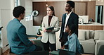 Finance, tablet and business people in office, meeting and discussion for investment proposal. Team, talking and women with men on tech for research, budget review and planning for financial report