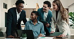 Finance, discussion and people in office with laptop, group feedback and budget analysis in meeting. Business, collaboration and stats analyst with tech, team insight or forecasting on revenue report
