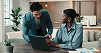 Talking, laptop and people with finance documents, graph and statistics for investment analysis. Office, team and workers with tech, paperwork and chart for financial review, research and feedback