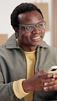 Logistics, thinking and black man in office with phone, vendor contact and order insight on webstore. Happy, reflection and seller with tech, supplier negotiation or delivery planning for online shop